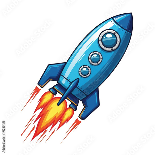 A vibrant animated rocket ship launching into space with fiery propulsion. isolated on transparent background