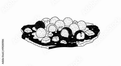 Artistic rendering of assorted spherical sweets and chocolate squares on a dark surface