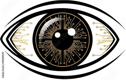 Abstract cybernetic eye with circuit board iris on white background