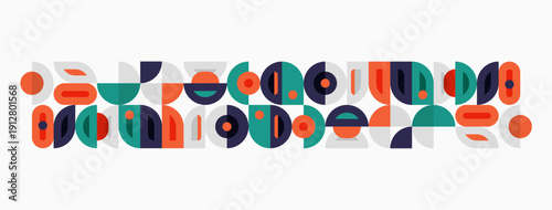 Abstract geometric pattern. Shapes overlap, creating midcentury modern aesthetic. Colors include blue, red, green, brown.