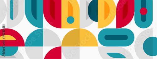 Abstract geometric shapes overlap, creating colorful pattern. Simple forms, vibrant hues, modern design aesthetic.