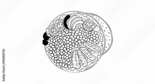 A top-down sketch of a circular dish filled with peas, sliced tomatoes, and grilled strips