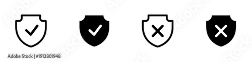A set of four professional security shield icons featuring checkmarks and cross marks in both outline and solid glyph styles.