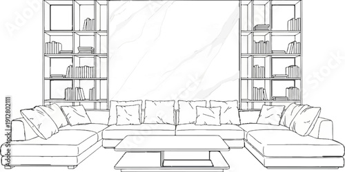 A stylish sectional sofa with plush cushions sits before a marble wall and bookshelves