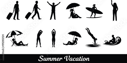 Summer Vacation Silhouette Collection with Travelers, Beach Relaxation, Surfing and Swimming Activities Isolated on White Background for Holiday Tourism Design