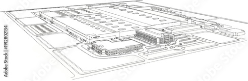 Aerial view sketch of a sprawling industrial complex with multiple buildings
