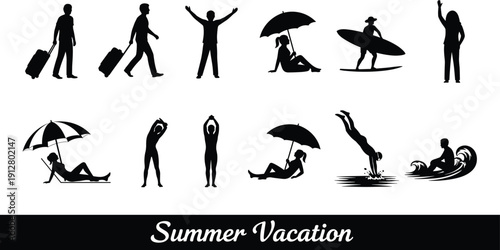 Summer Vacation Silhouette Collection with Travelers, Surfers and Beach Activities Isolated on White Background for Holiday, Tourism and Leisure Design