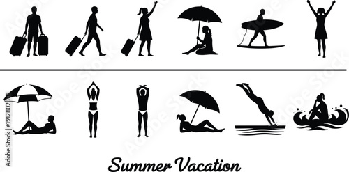 Summer Vacation Silhouette Set with Travelers, Beach Relaxation and Surfing Activities Isolated on White Background for Holiday and Tourism Design