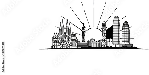 A stylized architectural skyline with distinct modern and historic buildings