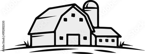 A stylized barn with a silo and attached structures on a field