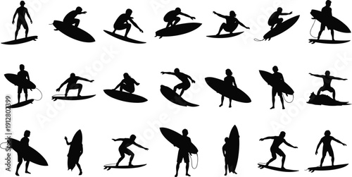 Surfing Silhouette Set with Surfers Riding Waves and Carrying Boards Isolated on White Background for Summer Beach Sport and Ocean Design