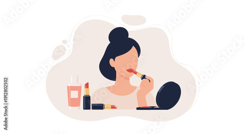 A woman applying red lipstick while surrounded by various makeup products, Generative AI.