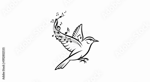 A stylized bird in flight with musical notes flowing from its wing