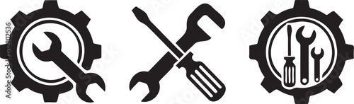 Set of black icons symbolizing tools and maintenance within cogwheels representing industry and machinery