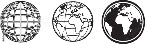 Three different black and white illustrations of the earth showcasing various global representations and styles in a minimalist design