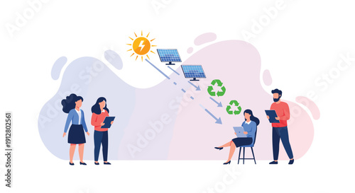 Four people observing two solar panels generating renewable energy with recycle symbols, Generative AI.