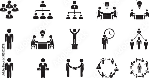 Collection of black business icons representing various aspects of leadership, teamwork, and professional success on a white background