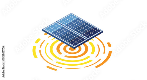Isometric solar panels radiate concentric circular energy waves from their center on a white background, Generative AI.
