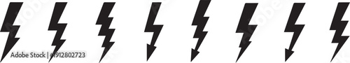 Collection of various black lightning bolt symbols on a white background showcasing different styles and variations for design and illustration purposes effectively.