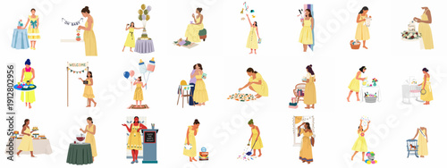 Baby Shower Celebration Set: Illustrations of Pregnant Women and Guests Preparing, Decorating, Playing Games, Receiving Gifts, and Enjoying the Party.