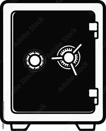 A stark black and white graphic of a securely locked safe