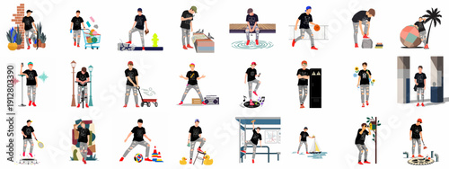 Diverse set of flat illustrations of a young man in casual streetwear engaging in various urban, creative, and recreational activities.