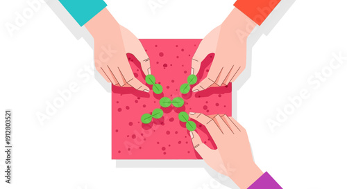 Four Hands Collaborating on Growth Strategy. Teamwork Connecting Abstract Symbols for Partnership, Development, and Business Success.