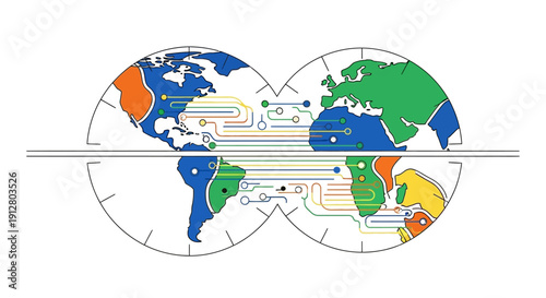 Global Digital Network Map Illustration. Worldwide Data Flow, Internet Connectivity, and Telecommunication Lines on a Flat Projection.