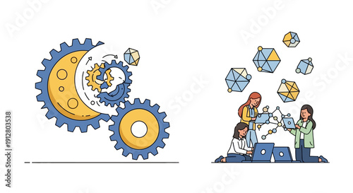 System Integration and Data Science Teamwork Illustration. Gears, Workflow Process, and Female Developers Analyzing Complex Networks.