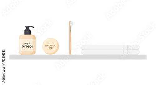 Minimalist Zero Waste Bathroom Products Vector. Sustainable Eco-Friendly Shampoo Bottle, Solid Soap, Bamboo Toothbrush, and Towels.