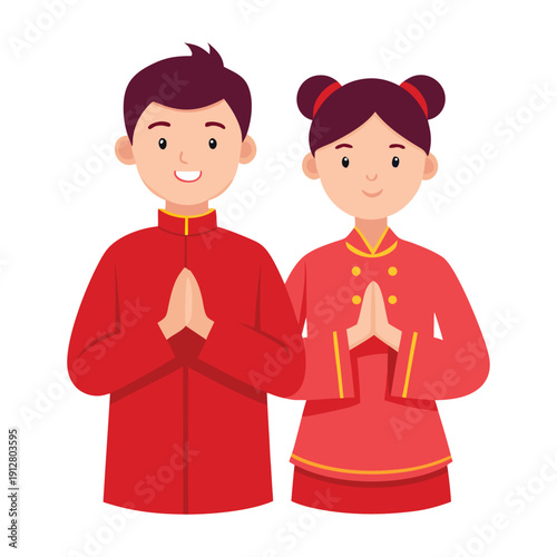 Young Couple Wearing Traditional Asian Clothing Cartoon