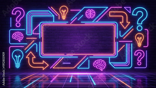  Trivia night event presentation frame with neon business and thinking symbols for quiz competition displays game show formats and interactive knowledge contest backgrounds