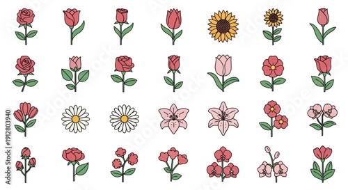 Vibrant Collection of Hand-Drawn Flowers: Roses, Tulips, Sunflowers, Daisies, Lilies