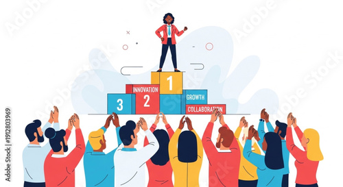 Confident businesswoman standing on podium with team celebrating success