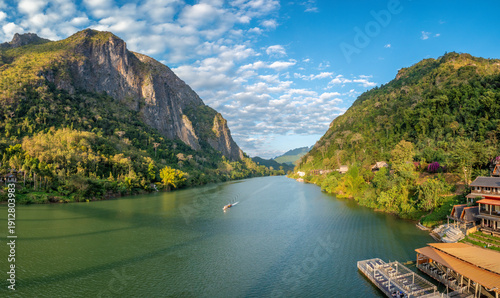 Fotografie Banks of the Ou river in the resort town of Nong Khiaw, Luang Prabang province,