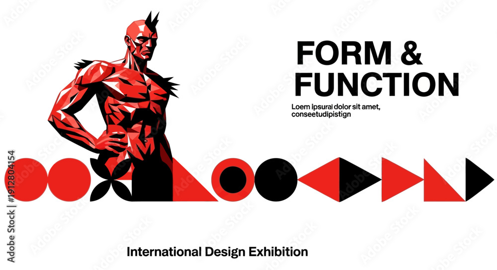 Naklejka premium Form and Function: Abstract Geometric Shapes and Fiery Man Illustration for Design Exhibition