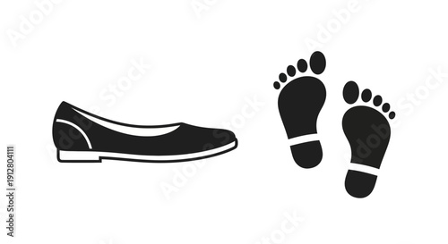 Black ballet flat shoe and footprint icons on white background