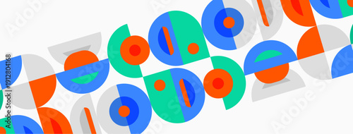 Abstract geometric pattern. Overlapping circles create repeating design. Bright colors dominate composition, simple shapes visible.