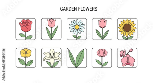 Collection of Garden Flowers Icons: Rose, Tulip, Daisy, Sunflower, Lily