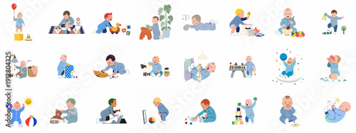 Collection of flat vector illustrations showing infants exploring, playing with developmental toys, learning, and engaging in various typical baby actions.