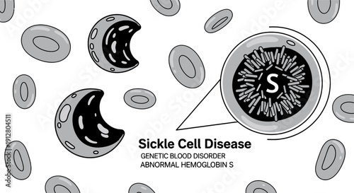 Sickle Cell Disease infographic showing abnormal crescent-shaped red blood cells and hemoglobin S structure.