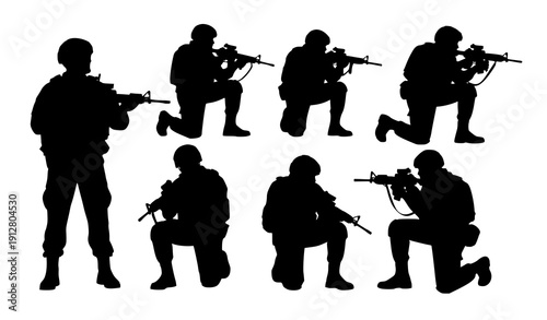 Soldier combat pose silhouette set vector