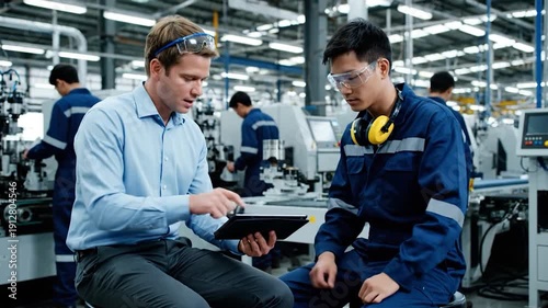 Two diverse engineers male and female inspect industrial plant, discussing work and examining production line together in dynamic motion footage