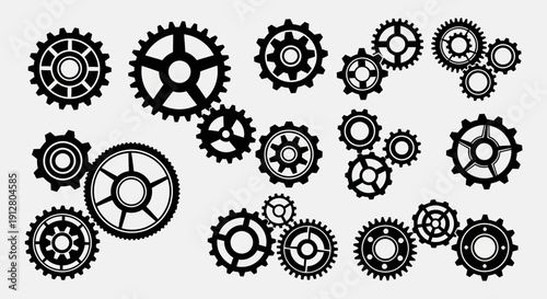 Set of Black Gears and Cogs, Mechanical Engineering, Industrial Elements