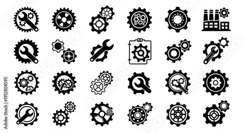 Industrial Gear and Wrench Icons: Mechanical Engineering and Industry Symbols
