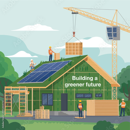Construction workers building a green house with solar panels on roof