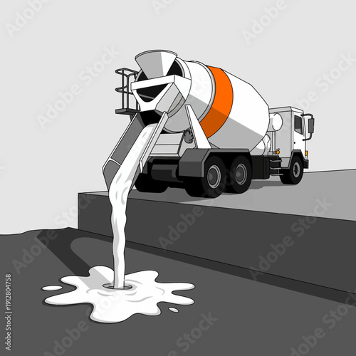 Cement mixer truck pouring concrete on the ground construction site