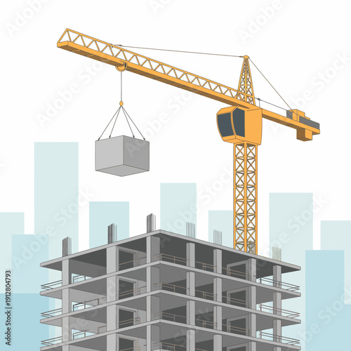 Construction crane lifting concrete block onto building framework cityscape background