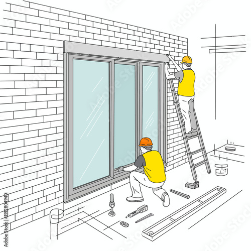 Two construction workers installing large window with tools and ladder outside brick building