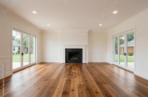 Bright, Spacious Living Room with Hardwood Floors, Fireplace, and Natural Light from Glass Doors